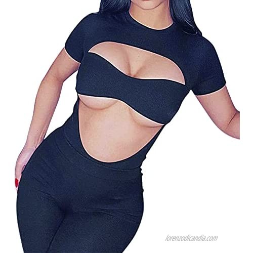 Sexy Two Piece Club Outfits for Women Short Sleeve Hollow Out top high Waist Skinny Shorts Romper Sets