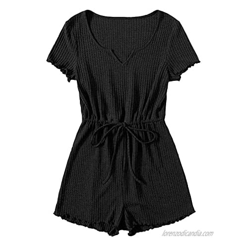 SOLY HUX Women's Notched Neck Short Sleeve Tie Front Short Jumpsuit Rompers
