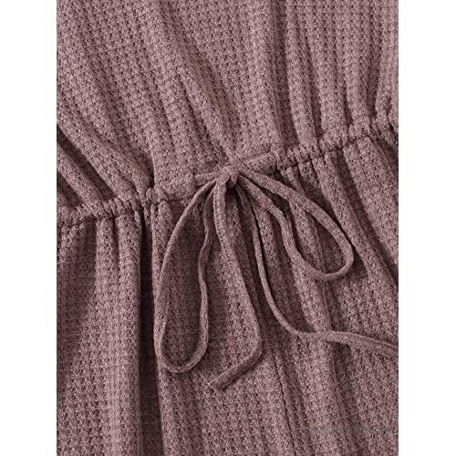 Verdusa Women's Notched Neck Short Sleeve Drawstring Waffle Knit Romper Jumpsuit