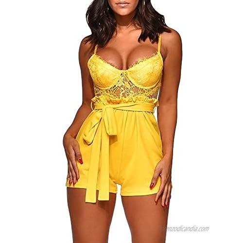 Women Short Outfit Sexy Lace Spaghetti Strap Sleeveless Backless Shorts Romper Jumpsuit with Belt