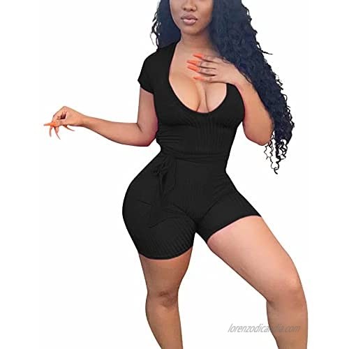 Women's Black Rompers Sexy Deep V Neck Rib Knit Short Sleeve One Piece Belted Rompers Short Jumpsuit 3XL