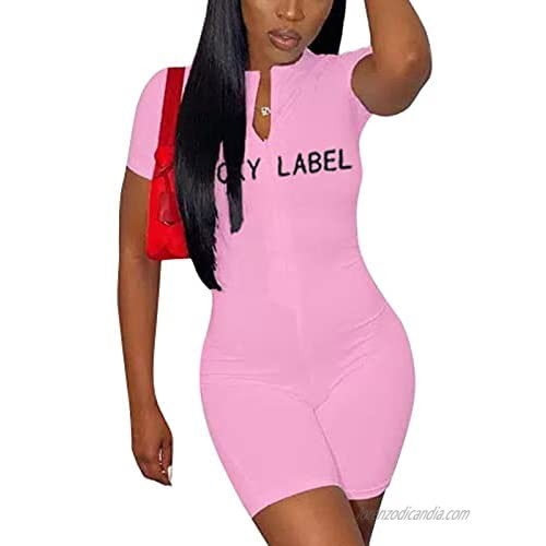 Women's Sexy Bodycon Jumpsuit Zipper Embroidered Clubwear One Piece Workout Tracksuit Romper Shorts