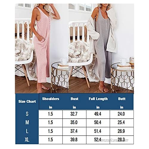 Womens Sleeveless Tank Jumpsuits Wide Leg Pants Rompers Scoop Neck Button Waffle Knit Jumper Overall