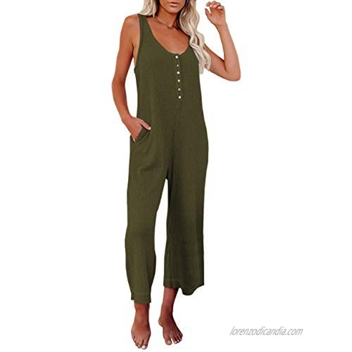 Womens Sleeveless Tank Jumpsuits Wide Leg Pants Rompers Scoop Neck Button Waffle Knit Jumper Overall