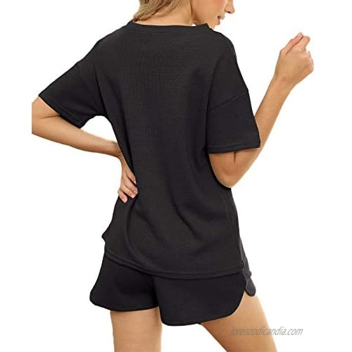 Women’s Waffle Knit Pajamas Set Lounge Short Sleeve Top and Shorts Sleepwear Summer 2Pcs Pjs Athletic Tracksuits with Pockets