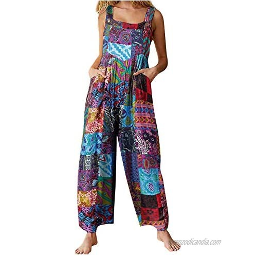 Axupico Women Boho Overalls Summer Floral Loose Suspender Trousers Jumpsuits Wide Leg Pants Romper with Pockets