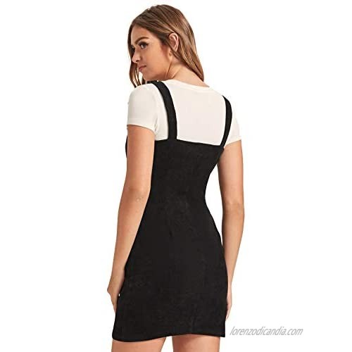 Floerns Women's Corduroy Button Down Pinafore Overall Dress with Pockets A Black Pocket XL