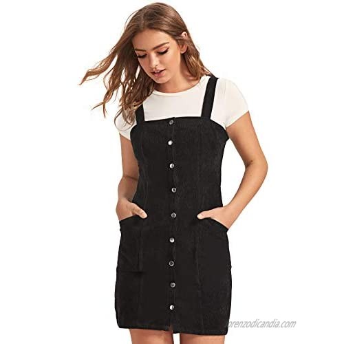 Floerns Women's Corduroy Button Down Pinafore Overall Dress with Pockets A Black Pocket XL