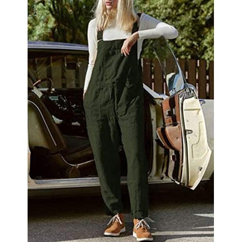 Flygo Women's Casual Linen Cotton Adjustable Strap Overalls Jumpsuits Drawstring Pants