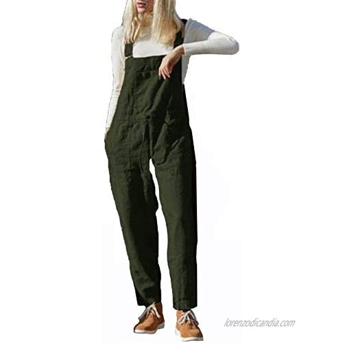 Flygo Women's Casual Linen Cotton Adjustable Strap Overalls Jumpsuits Drawstring Pants