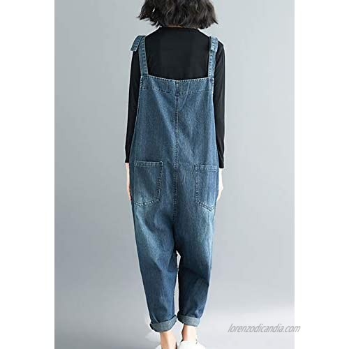 Flygo Women's Loose Baggy Cotton Wide Leg Drop Crotch Printed Bib Overalls Jumpsuit Rompers