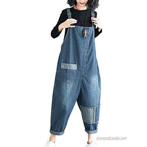 Flygo Women's Loose Baggy Cotton Wide Leg Drop Crotch Printed Bib Overalls Jumpsuit Rompers