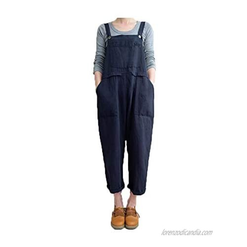 Lghxlxry Women's Plus Size Wide Leg Bib Overalls Baggy Cotton Linen Rompers Jumpsuit with Pockets
