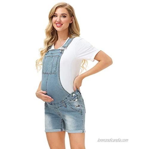 Maacie Maternity Denim Shortalls Adjustable Cuffed Hem Denim Bib Jumpsuit with Pockets