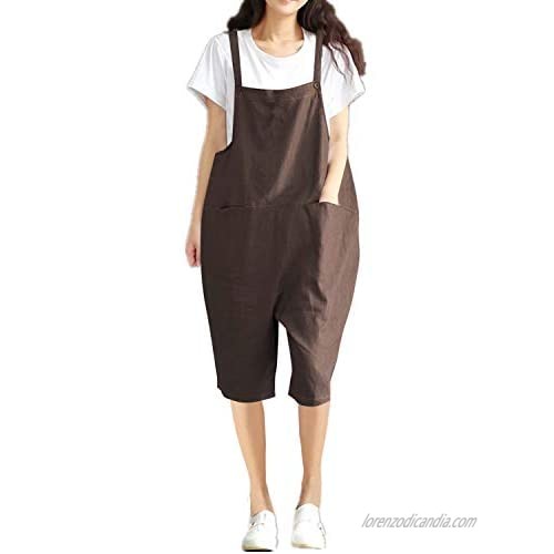 StyleDome Women's Baggy Wide Leg Overalls Casual Loose Cotton Linen Jumpsuits Harem Bib Pants Rompers 169Coffee 2XL