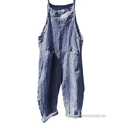 utcoco Women's Casual Relaxed Fit Adjustable Straps Bib Striped Wide Legs Pants Baggy Overalls Jumpsuits