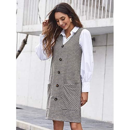 Verdusa Women's Button Front Pocket Front Houndstooth Pinafore Overall Dress