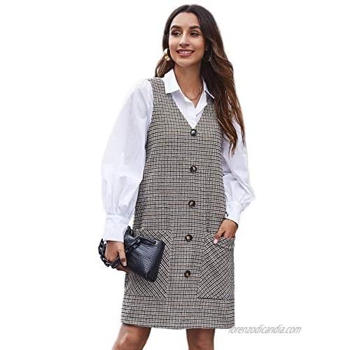 Verdusa Women's Button Front Pocket Front Houndstooth Pinafore Overall Dress