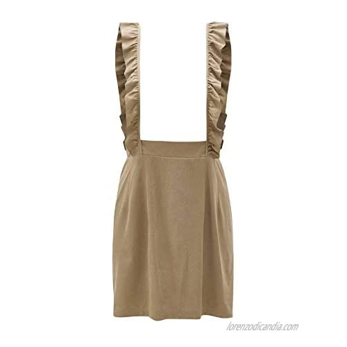 WDIRARA Women's Lace Straps High Waist Flare Mini Pinafore Skirt Overall Dress Khaki L