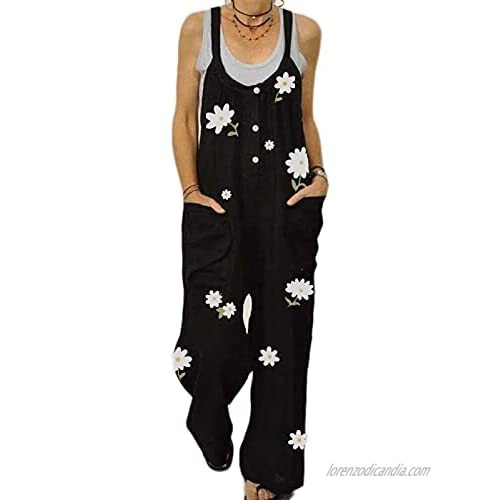 Women Wide Leg Jumpsuits Casual Cotton Linen Baggy Overalls Plus Size Floral Long Rompers with Pockets