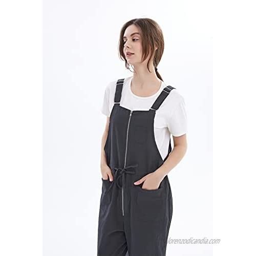 Womens Fashion Baggy Cotton Linen Overalls Adjustable Straps Zipper Drawstring Pants Jumpsuits with Pockets