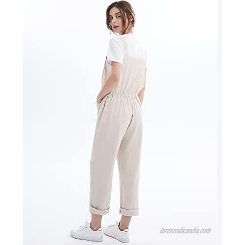 Women's Solid Loose Cotton Linen Jumpsuit Casual Overalls Baggy Pants Jumper Rompers