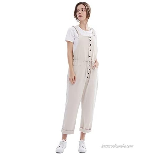 Women's Solid Loose Cotton Linen Jumpsuit Casual Overalls Baggy Pants Jumper Rompers