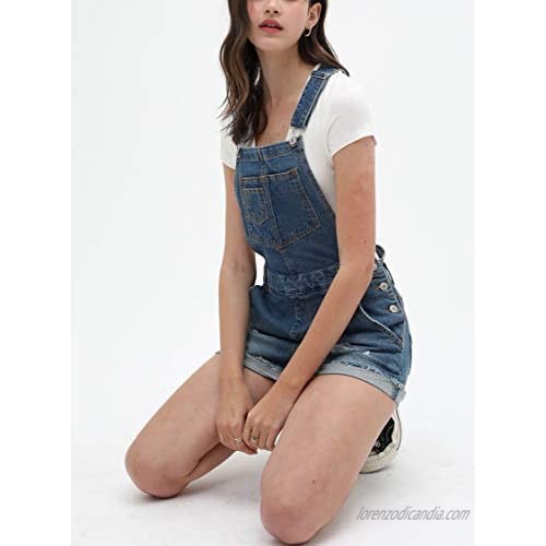 Women’s Summer Cute Denim Romper Overall Shorts – Distressed Frayed Rolled Hem Bib Shortalls LT3121RS Blue S