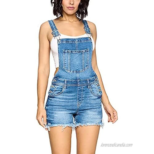 Women’s Summer Cute Denim Romper Overall Shorts – Frayed Hem Bib Shortalls CTB609LS Blue 1XL