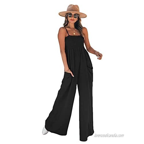 Women’s Wide Leg Jumpsuits Pockets Spaghetti Strap Solid Color Loose Rompers Overalls