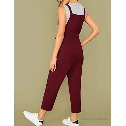 Yeokou Womens Casual Baggy Tapered Cropped Bib Jumpsuit Overalls Rompers with Belt（Maroon-L）