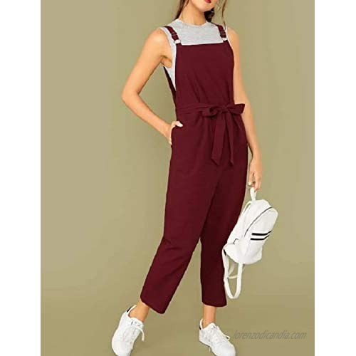 Yeokou Womens Casual Baggy Tapered Cropped Bib Jumpsuit Overalls Rompers with Belt（Maroon-L）