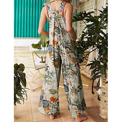 Yeokou Women's Floral Print Cotton Linen Suspender Harem Pants Bib Overalls Jumpsuit