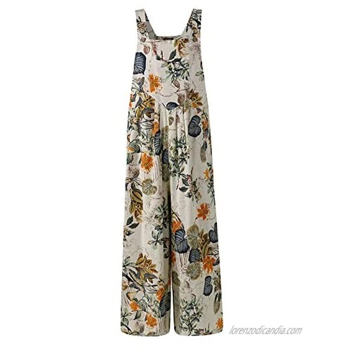 Yeokou Women's Floral Print Cotton Linen Suspender Harem Pants Bib Overalls Jumpsuit