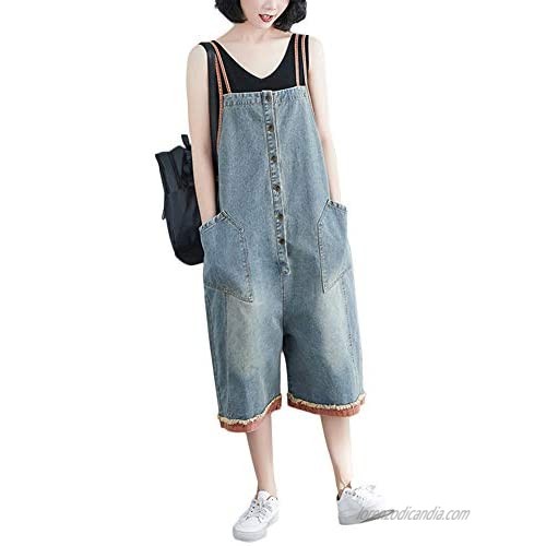 Zylioo Women's Loose Baggy Jeans Overalls Cotton Ripped Cropped Denim Jumpsuits Wide Leg Bib Pants with Pockets
