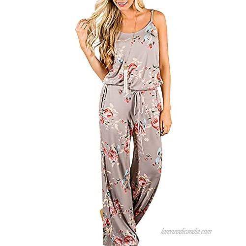 AMiERY Women's Floral Printed Jumpsuits Solid Rompers Casual Comfy Striped Jumpsuit with Pockets
