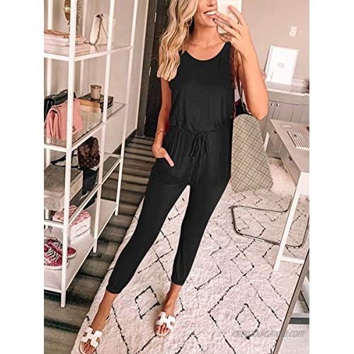 Caracilia Women's Tank Jumpsuit Casual Sleeveless Jumpsuit Beam Foot Elasitic Waist Rompers Jumpsuits with Pockets