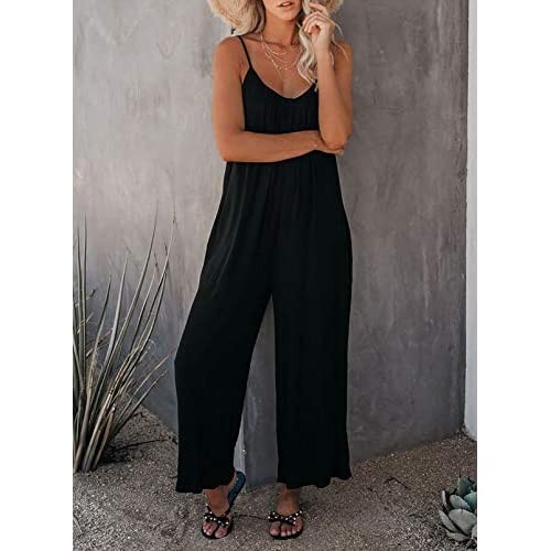 Dokotoo Women's Loose Sleeveless Jumpsuits Adjustable Spaghetti Strap Stretchy Long Pant Romper Jumpsuit with Pockets