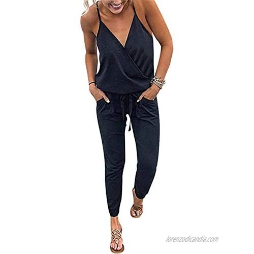 ECOWISH Women's V Neck Spaghetti Strap Drawstring Waisted Long Pants Jumpsuit Rompers