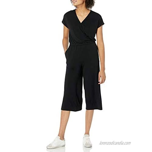  Essentials Women's Short-Sleeve Surplice Cropped Wide-Leg Jumpsuit