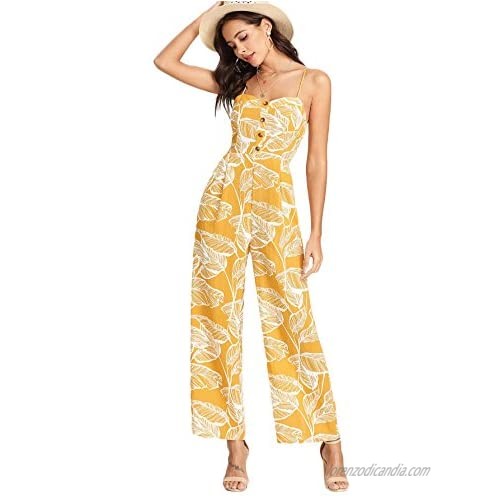 Floerns Women's Palm Leaf Print Shirred Back Button Cami Palazzo Jumpsuit