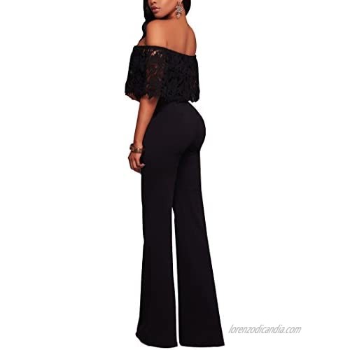 Halfword Womens Off Shoulder High Waisted Long Wide Leg Jumpsuits Rompers