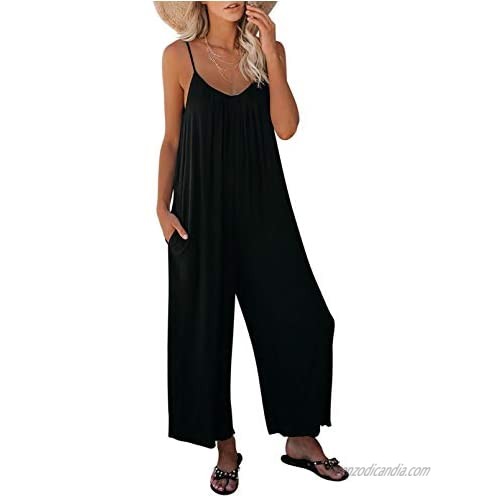 Happy Sailed Womens Casual Sleeveless Spaghetti Strap Jumpsuits Stretchy Loose Long Pants Romper with Pockets(S-XL)