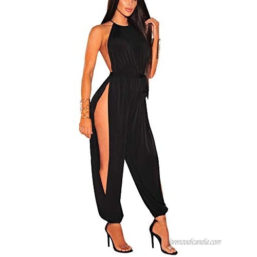 IyMoo Sexy Jumpsuits for Women - One Piece Women Halter Sleeveless Party Outfits Hight Split Pants Bandage Romper
