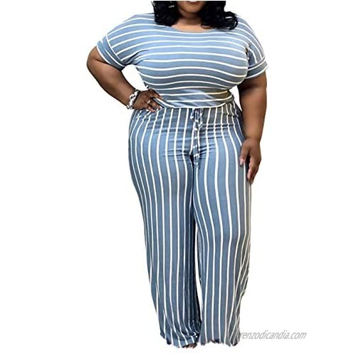 IyMoo Women's Plus Size Short Sleeve Stripe Loose Wide Legs Casual Jumpsuits with Pockets