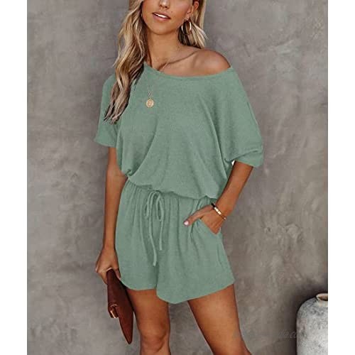 LACOZY Women Jumpsuits One Piece Rompers Summer Boat Neck Off Shoulder Short Sleeve Jumpsuit with Pockets