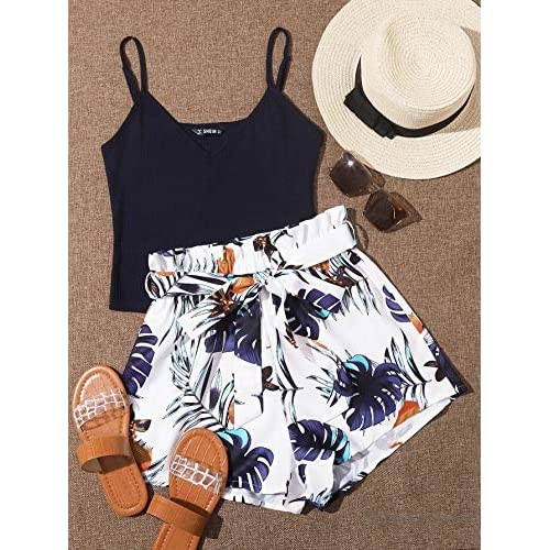MakeMeChic Women's Two Piece Outfit Summer Cami Crop Top with Shorts
