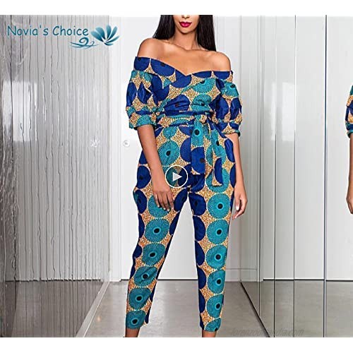 Novia's Choice Women's African Print Jumpsuits Boho Rompers Long Pants One Piece with Pockets