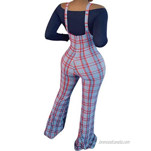 Ophestin Womens Sexy Off Shoulder Tie Crop Top Plaid Print Bell Pants Suspenders Set 2 Piece Outfits Jumpsuits Overalls
