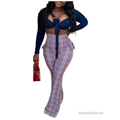 Ophestin Womens Sexy Off Shoulder Tie Crop Top Plaid Print Bell Pants Suspenders Set 2 Piece Outfits Jumpsuits Overalls